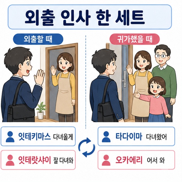 잇테키마스와 잇테랏샤이, 타다이마와 오카에리를 외출과 귀가 상황에 맞춰 한 세트로 보여주는 이미지