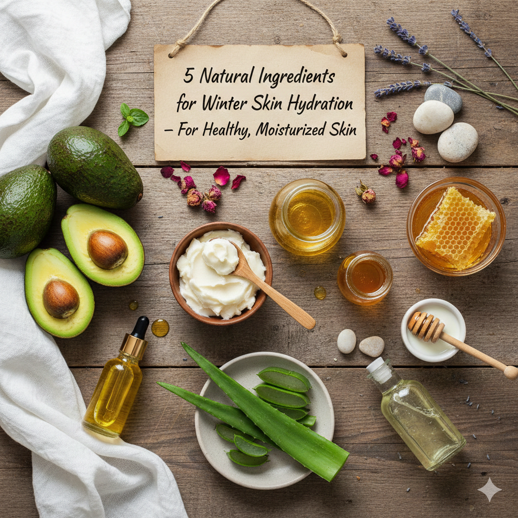 겨울철 피부 보습에 좋은 천연 재료 5가지 &ndash; 건강하고 촉촉한 피부 만들기 포스터