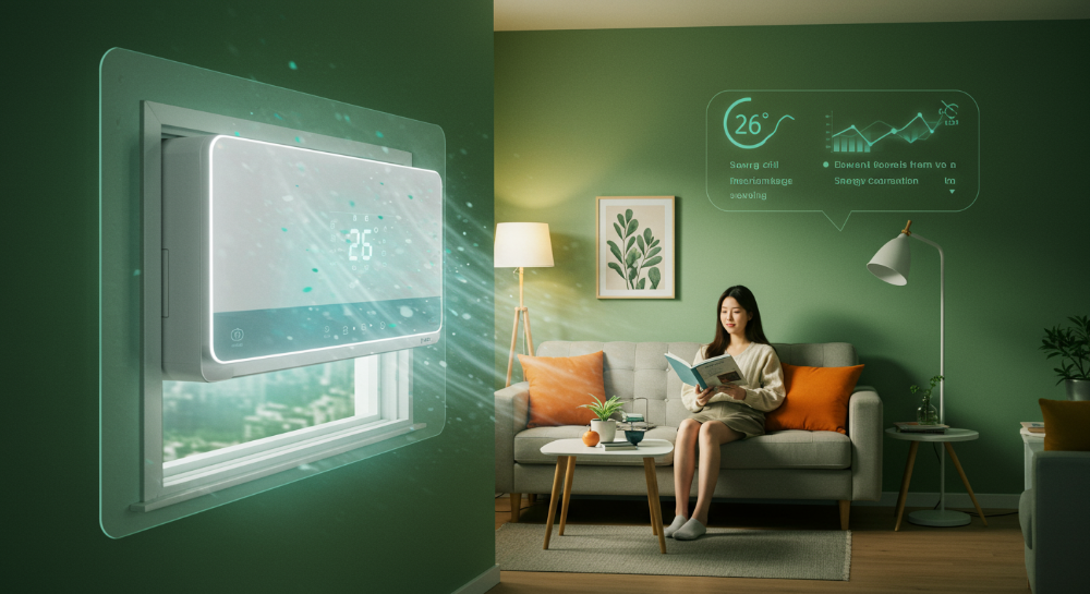 2025년 여름, 창문형 에어컨으로 전기세 절약하는 방법을 보여주는 이미지. 시원한 실내 온도와 효율적인 전력 소비를 상징하는 그래픽이 함께 표시됨.