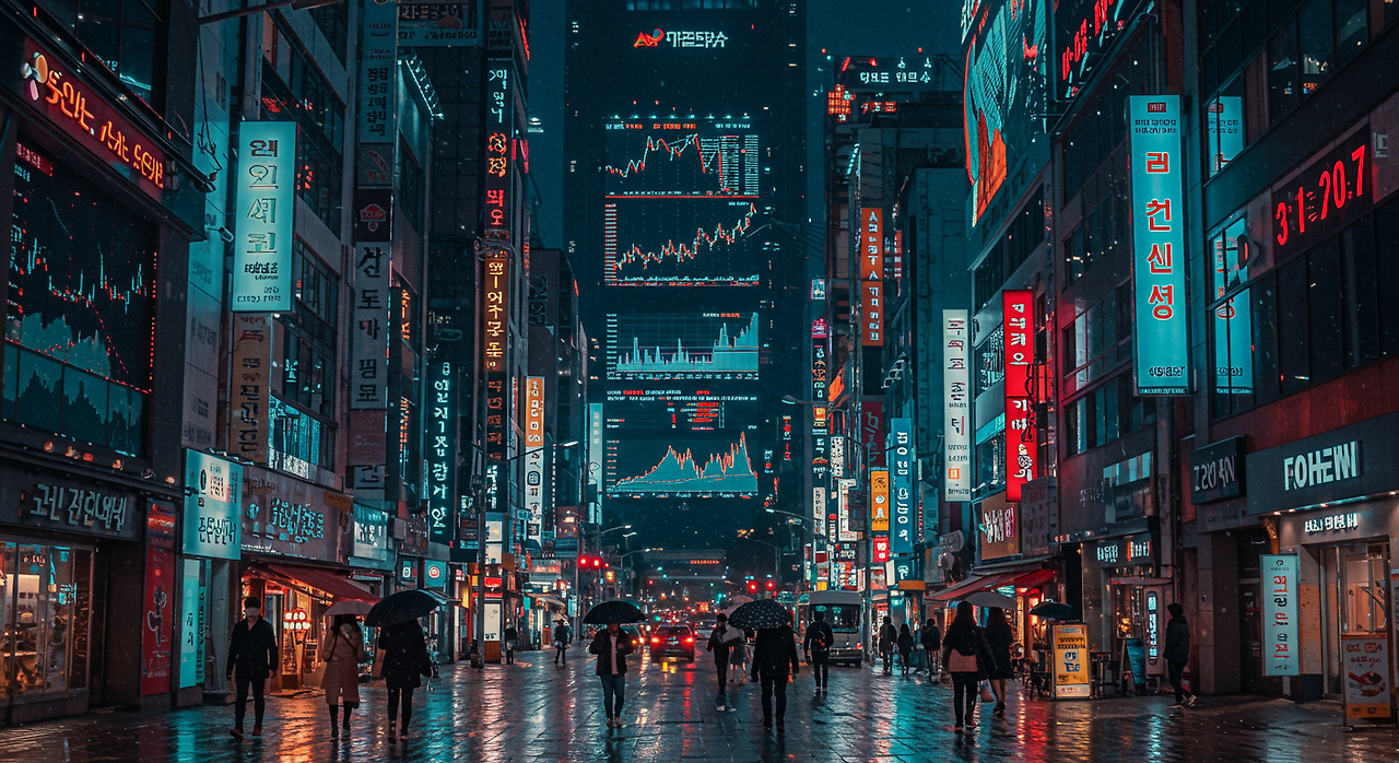 도시 전경 속 변동하는 주식 그래프를 보여주는 디지털 광고판