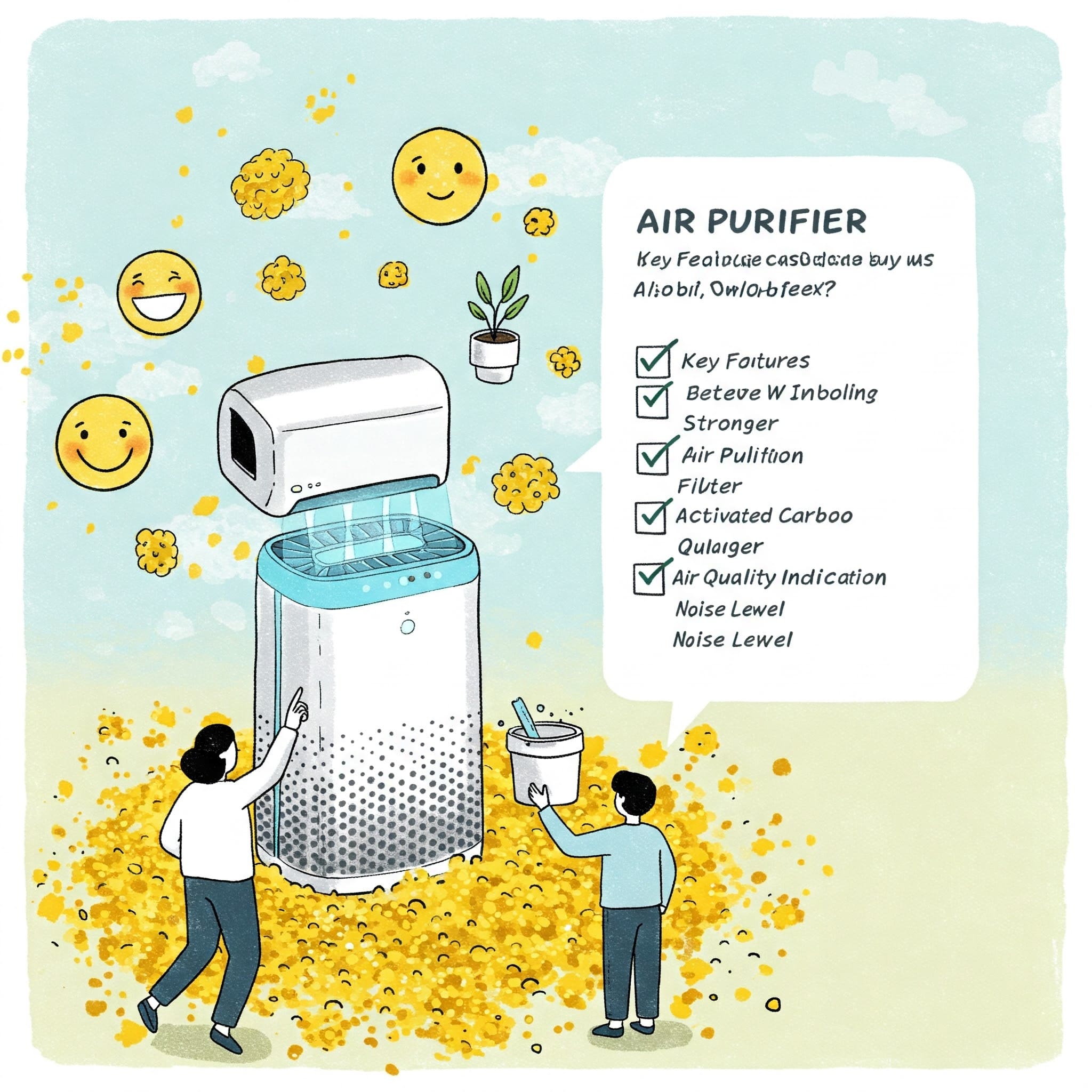 꽃가루 날리는 풍경 + 알레르기 증상 아이콘(재채기, 콧물, 눈 가려움 등) + 마스크 착용한 사람 + 실내 공기정화 장면 인포그래픽, 산뜻한 봄 톤