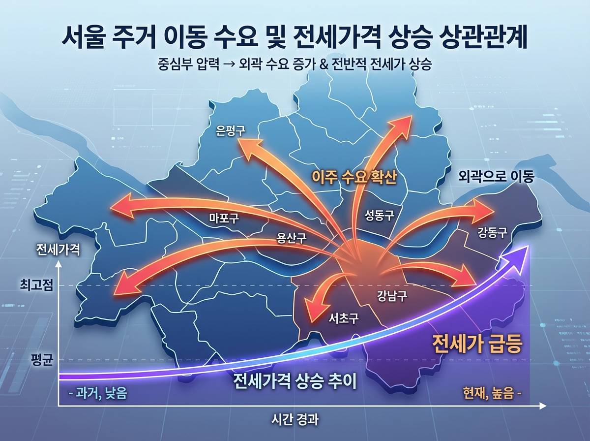 서울 지도 위에 이주 수요가 퍼져나가는 화살표 그래픽과 상승하는 전세가 곡선을 결합한 인포그래픽