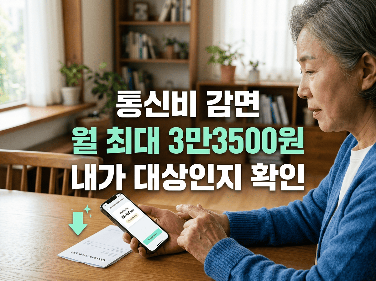 스마트폰 통신요금을 확인하는 모습과 통신비 감면 월 최대 3만3500원 안내