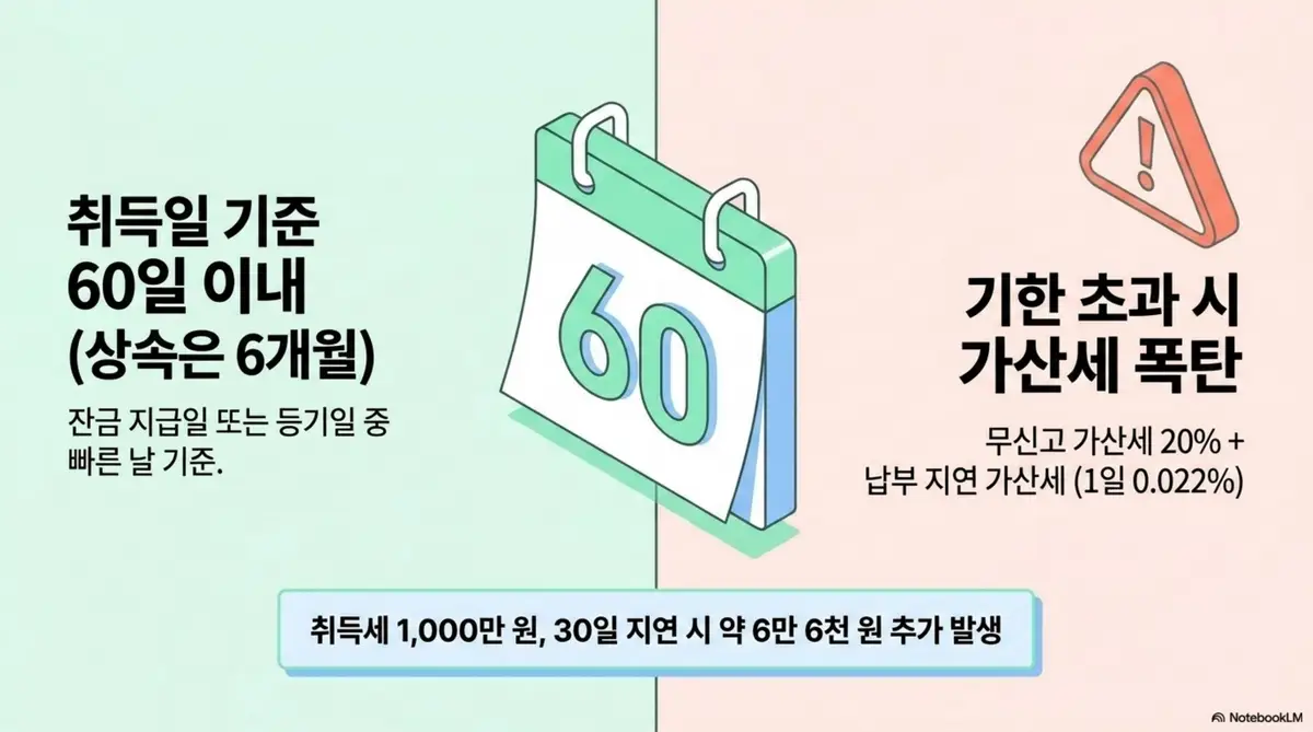 부동산 취득세: 취득일 기준 60일 이내 신고 기한과 기한 초과 시 무신고 가산세 20% 및 납부 지연 가산세가 부과된다는 내용을 달력 아이콘과 경고 표시로 나타낸 인포그래픽 이미지. 이 이미지는 취득세 1000만 원 기준 30일 지연 시 약 6만 6천 원의 가산세가 발생한다는 정보를 시각적으로 전달하며 블로그의 취득세 신고 기한 안내와 관련된 내용을 설명함