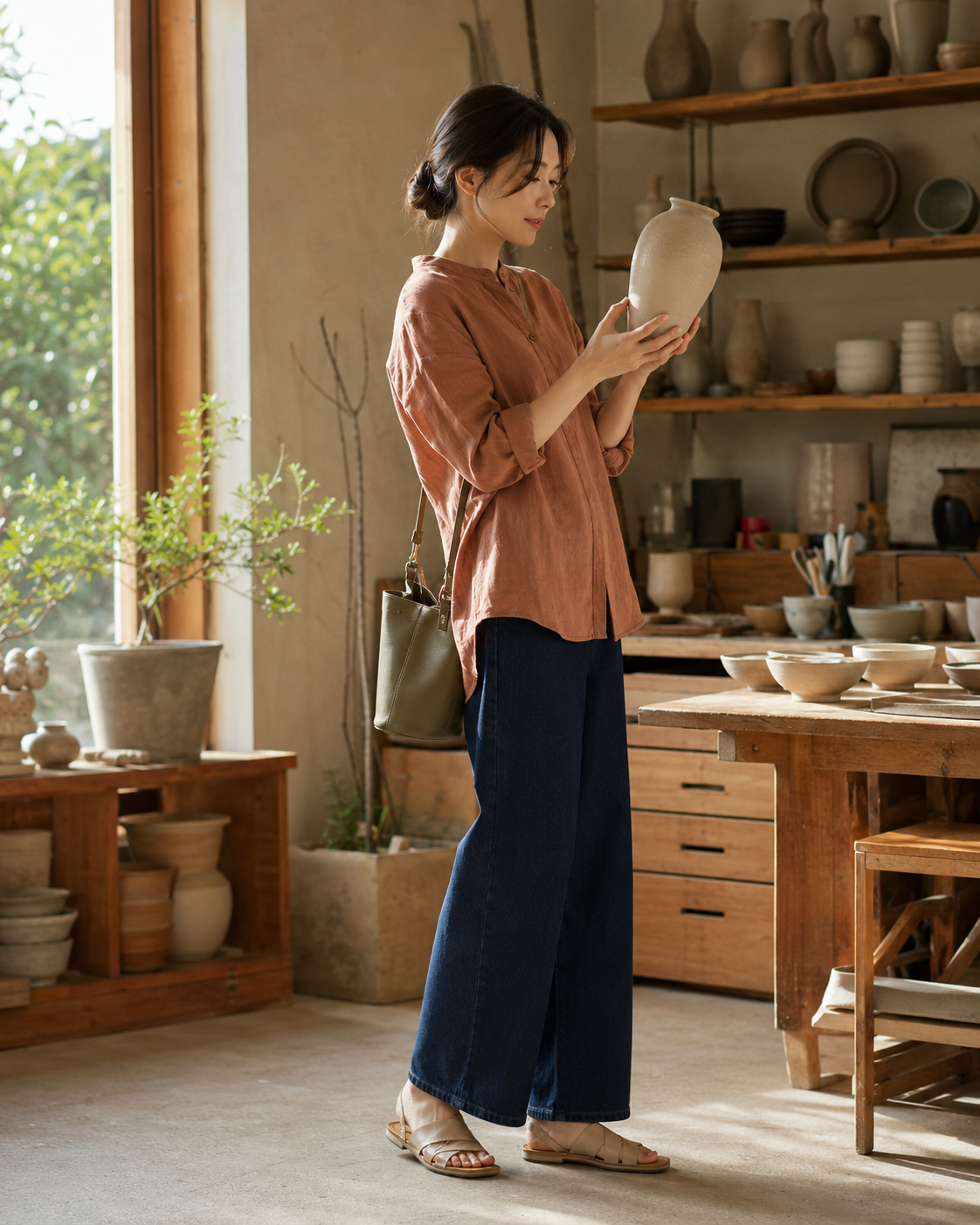 주말 전시 관람에는 테라코타 리넨 밴드칼라 셔츠에서 형태&middot;비율&middot;활용 포인트의 차이를 비교한 이미지입니다.
