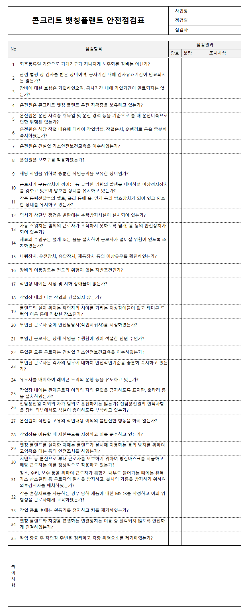 콘크리트 뱃칭플랜트 안전점검표