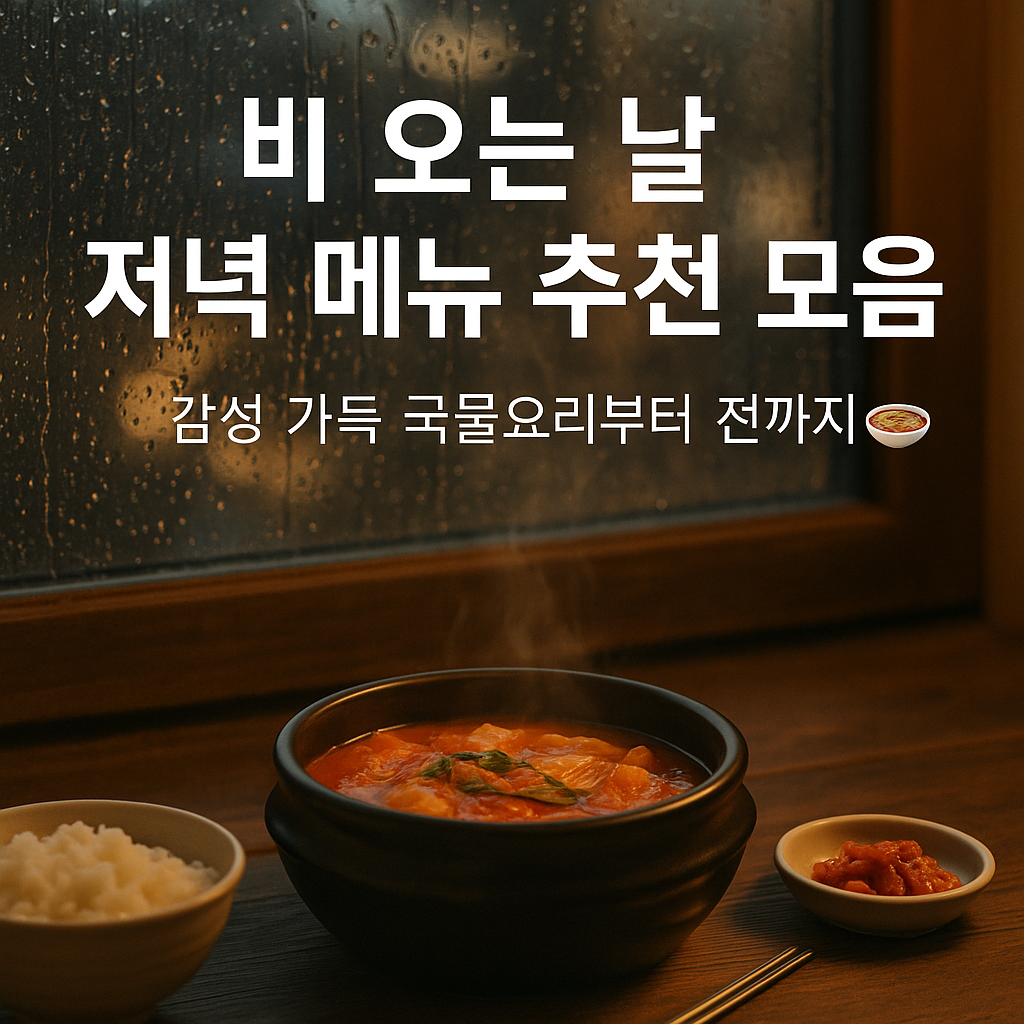 “빗물이 흐르는 창가 앞 따뜻한 조명 아래에서 김치찌개, 밥, 김치 반찬이 놓인 식탁. 상단에는 ‘비 오는 날 저녁 메뉴 추천 모음 – 감성 가득 국물요리부터 전까지’라는 문구가 적혀 있음.”