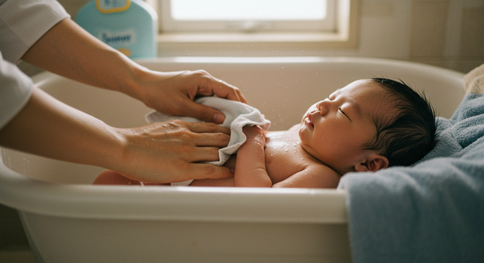 의사가 아기 배꼽 확인하는 장면