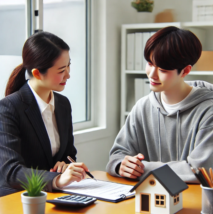 금융 전문가와 대출 조건을 상담 중인 청년의 모습