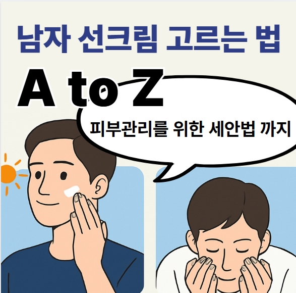 &quot;남자 선크림 고르는 법&quot;
선크림 바르는 남자 캐릭터와 세안하는 캐릭터가 그려진 이미지