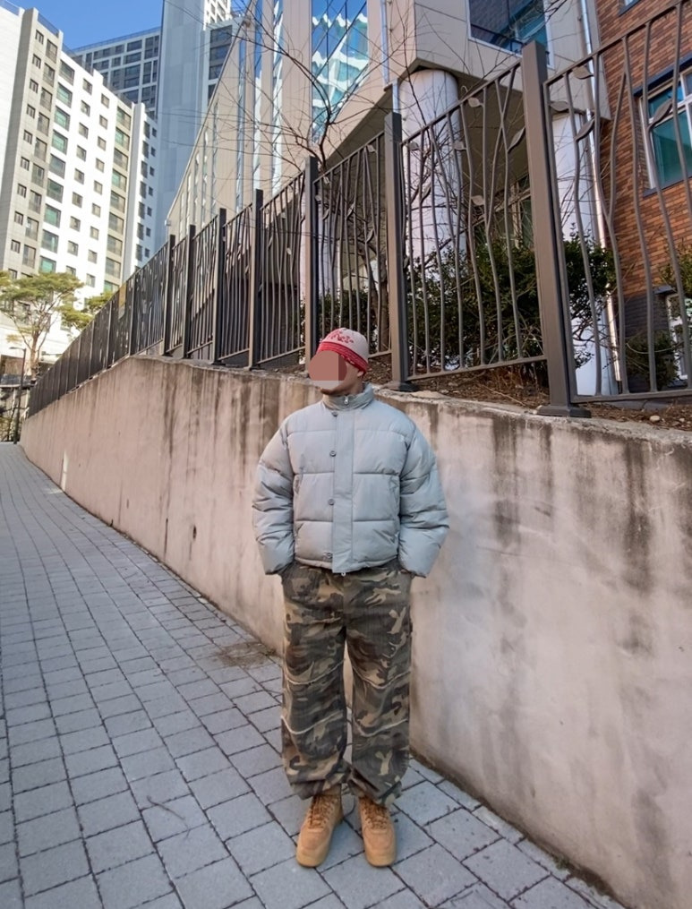 데일리룩('26. 3. 7.)오가프 노르딕패턴 빈티지 울 니트 비니, 세컨모놀로그 더블어드저스트버튼 숏 패딩 점퍼, 테이크이지 카모 카모플라쥬 팬츠, 나이키 에어포스 미드 된장 1