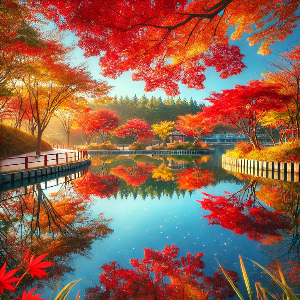 인천 청라호수공원의 가을 풍경, 붉고 노란 단풍이 호수에 반사된 모습