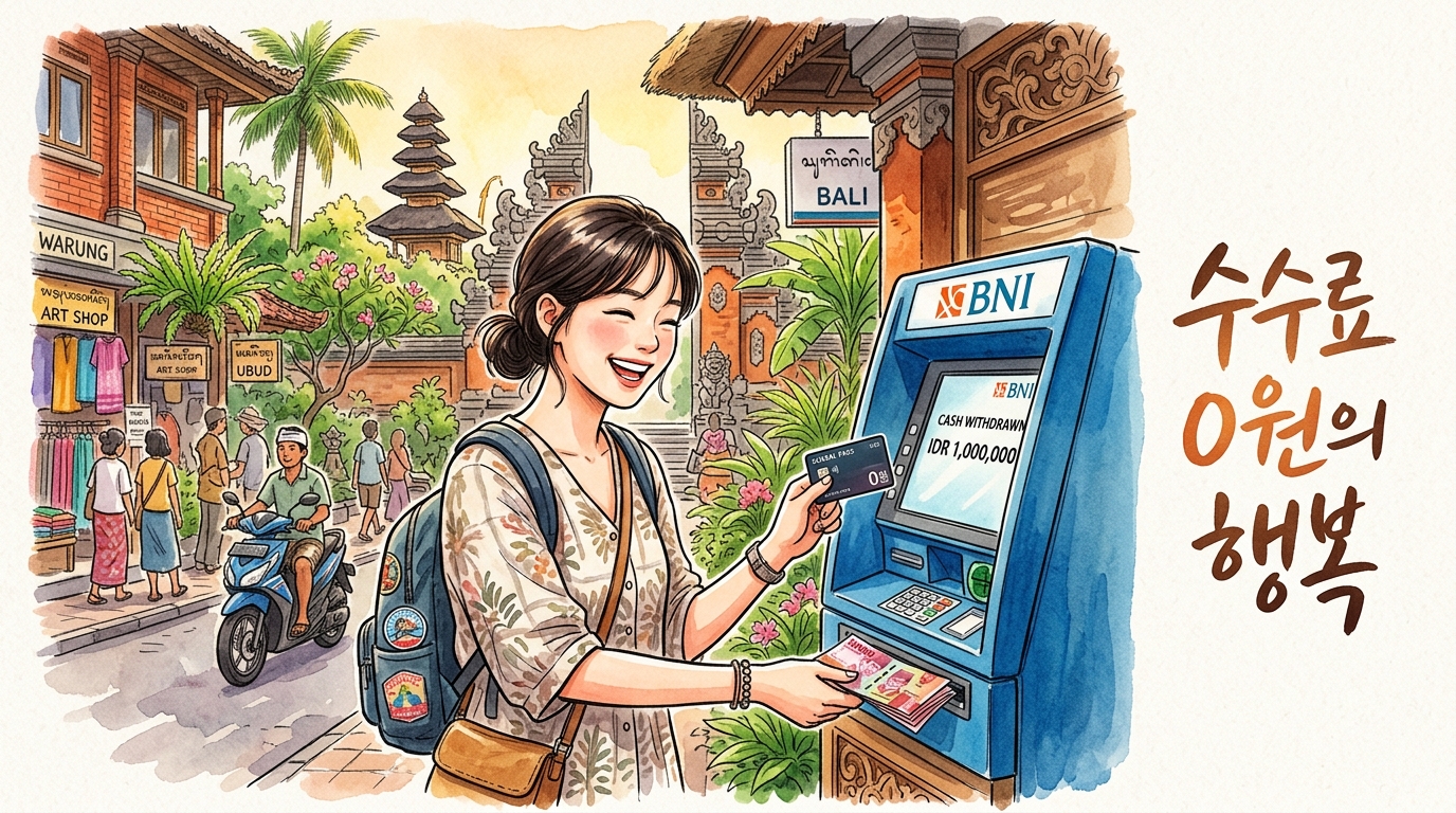 발리 현지에서 ATM로 트래블 카드로 환전 수수료 0원으로 출금하여 기뻐하는 모습.