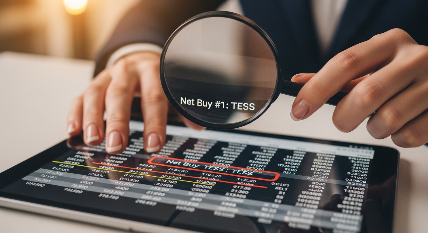 돋보기를 들고 복잡한 주식 매수/매도 리스트를 꼼꼼히 분석하며 미소 짓는 전문 투자자의 모습