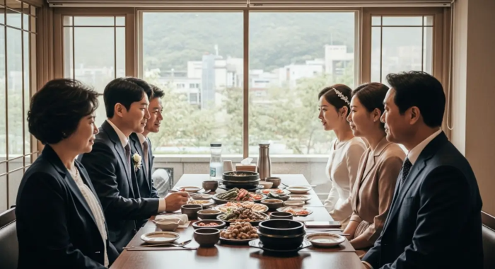 상견례 식사중인 장면