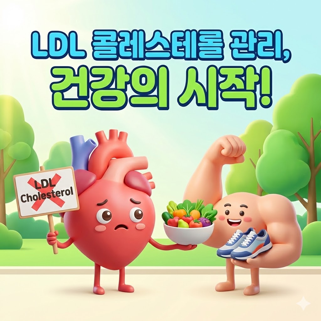 LDL 콜레스테롤 관리의 중요성을 나타내는 귀여운 3D 카툰 일러스트: 걱정하는 심장 캐릭터와 건강한 생활 습관을 상징하는 팔이 과일, 채소, 운동화를 건네는 모습. 'LDL 콜레스테롤 관리, 건강의 시작!' 문구가 강조되어 있음.