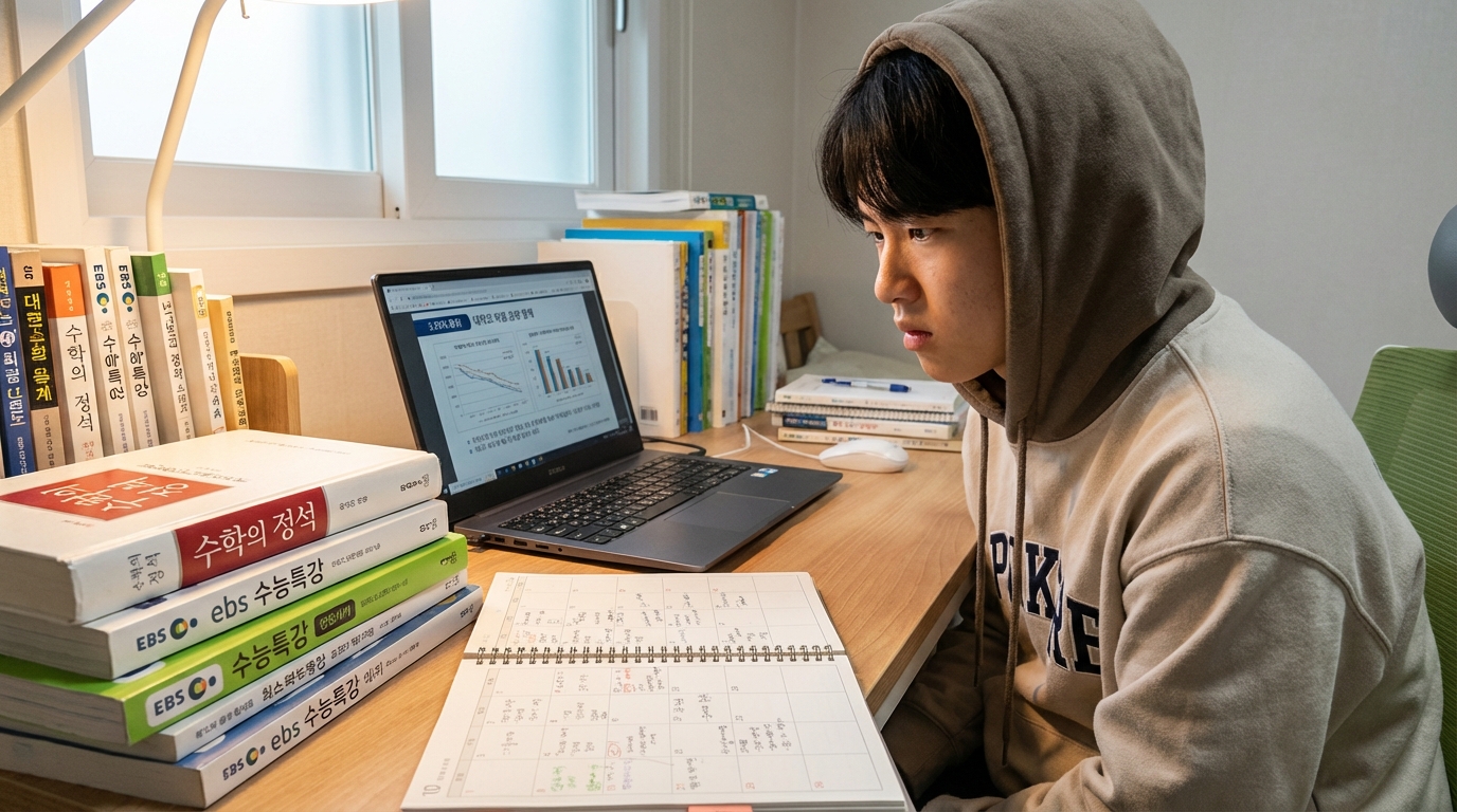 3월 모의고사 성적표와 내신 성적을 비교하며 입시 전략을 고민하는 한국 수험생