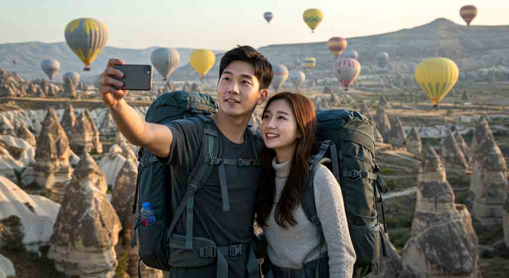튀르키에 카파도키아를 배경으로 기념사진 촬영하는 커플