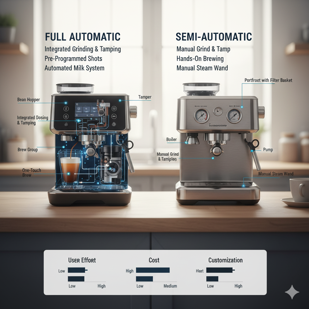 가정용 에스프레소머신 자동형과 반자동형의 구조와 추출 차이를 비교한 장면(이미지 생성:google)