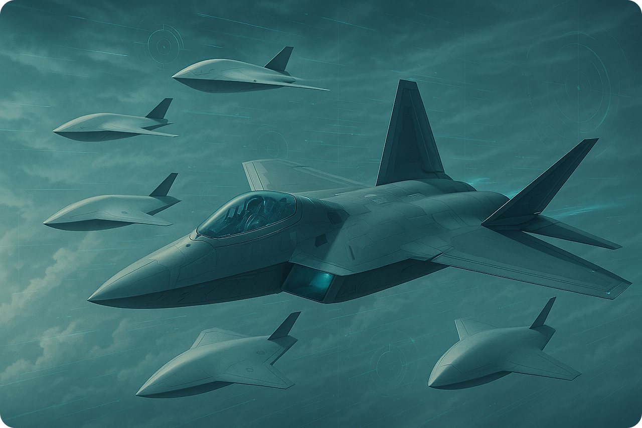 F-22가 무인기와 함께 비행하고 있는 개념을 AI로 생성한 이미지