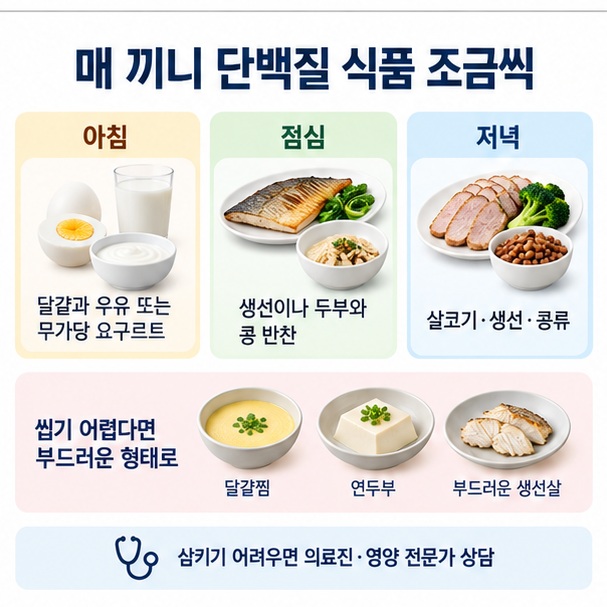 노년기에 달걀 두부 생선 콩 요구르트 등 부드러운 단백질 식품을 매 끼니 챙기는 이미지