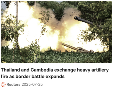 태국과 캄보디아는 국경 전투가 확대됨에 따라 중포 사격을 주고받습니다
