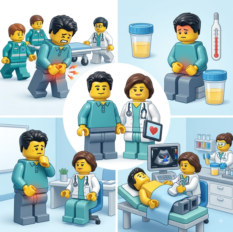 고환 통증의 원인, 증상, 응급 진료, 초음파 및 소변검사를 종합 정리한 마무리의 정사각형 요약 인포그래픽