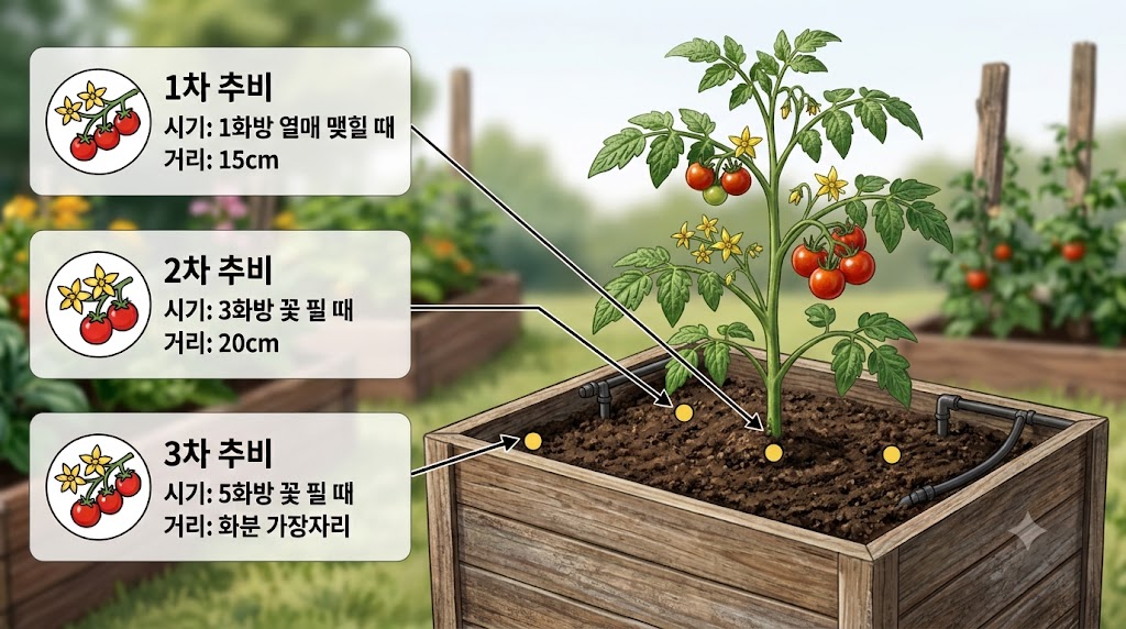 방울토마토 줄기의 화방 발달에 따른 1차, 2차, 3차 추비 시기와 뿌리에서 떨어진 거리를 설명하는 삽화