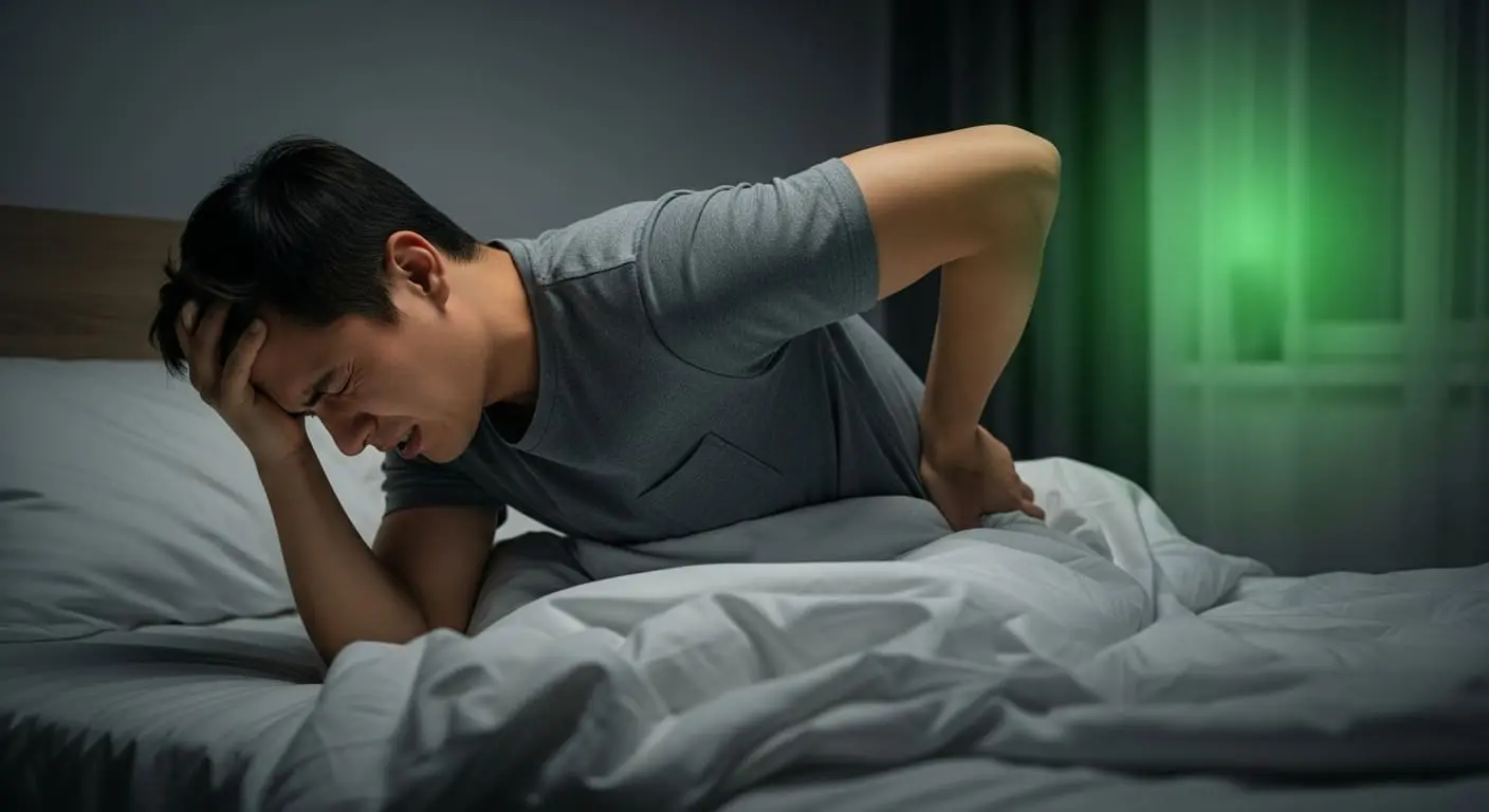 극심한 피로감과 몸살로 침대에 누워 힘들어하는 사람의 모습으로, 독감 증상의 심한 강도를 표현