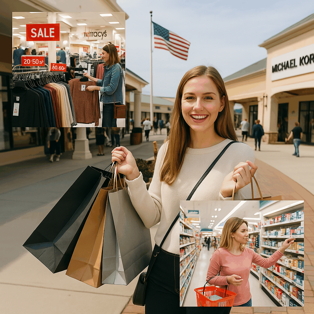 미국 아울렛과 백화점, 드럭스토어에서 쇼핑을 즐기는 젊은 여성의 활기찬 모습을 담은 이미지