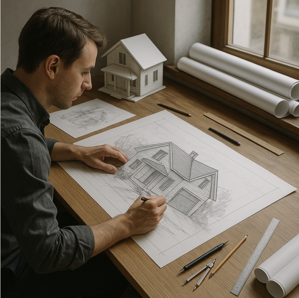 한 남자가 집 외관의 모습을 설계하며 그리고 있는 모습이 담긴 사진