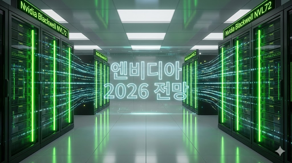 2026년 엔비디아 전망을 상징하는 미래형 데이터 센터와 블랙웰 서버 랙 전경.