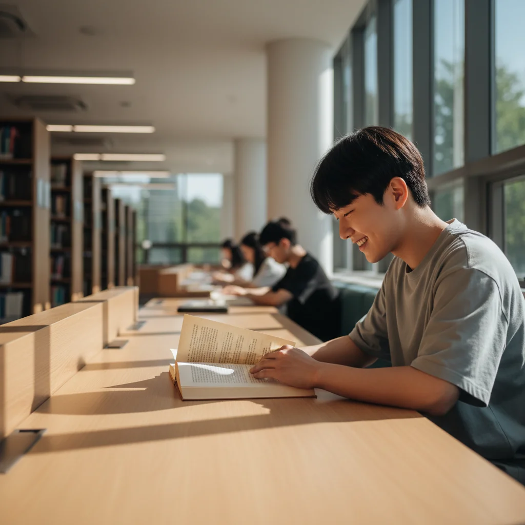 2026년 상반기 경기도 대학생 학자금 대출이자 지원을 상징하는, 도서관에서 희망찬 표정으로 공부하는 학생의 모습