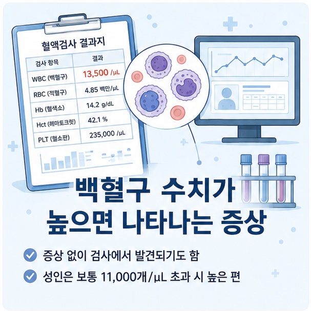 혈액검사 결과지와 백혈구를 통해 백혈구 수치가 높아도 특별한 증상 없이 건강검진에서 발견될 수 있음을 보여 주는 그림
