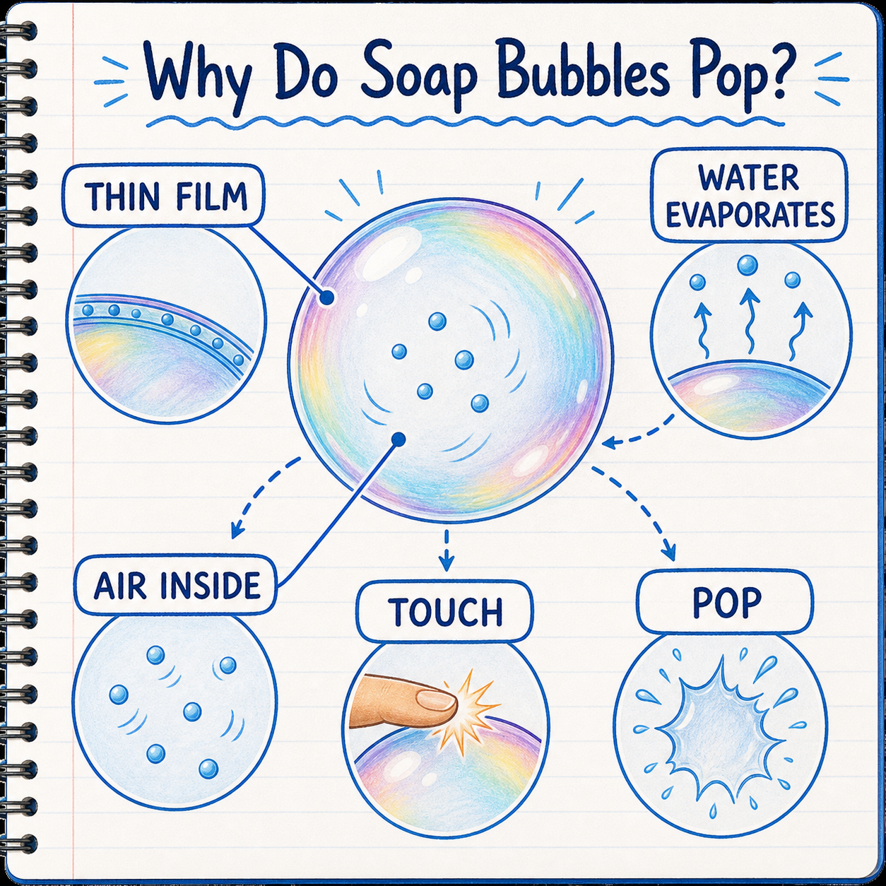 Illustrated guide showing the thin film around a soap bubble, water evaporating, and a finger touching the film