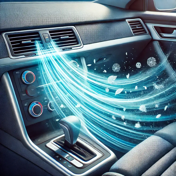 자동차 에어컨에서 신선한 공기가 흐르는 구조적인 장면