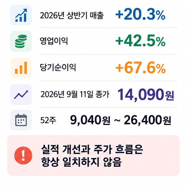 2026년 상반기 매출 영업이익 순이익 증가와 2026년 9월 11일 주가 14090원, 52주 범위를 함께 보여주는 이미지