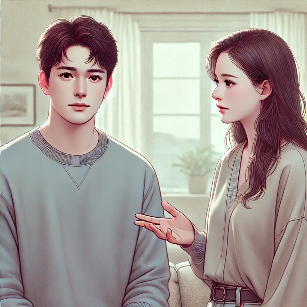 거실에서 대화를 나누는 커플, '지금 왜 그래?'라는 말에 침착하고 따뜻하게 대응하는 모습