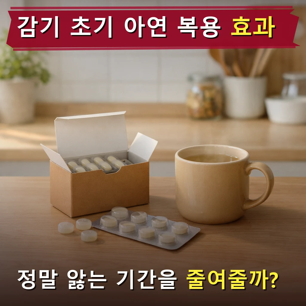 감기 초기 아연 복용 효과를 확인하기 위해 준비한 목 캔디형 아연 로젠지 포장과 따뜻한 물 한 잔