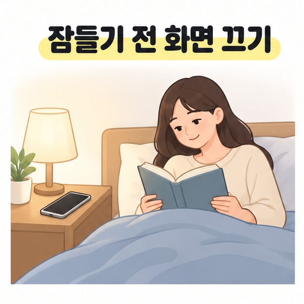 잠들기 전 화면 끄기 문구 아래에서 꺼진 휴대전화를 옆 탁자에 두고 은은한 조명 아래 종이책을 읽는 사람을 보여 주는 그림