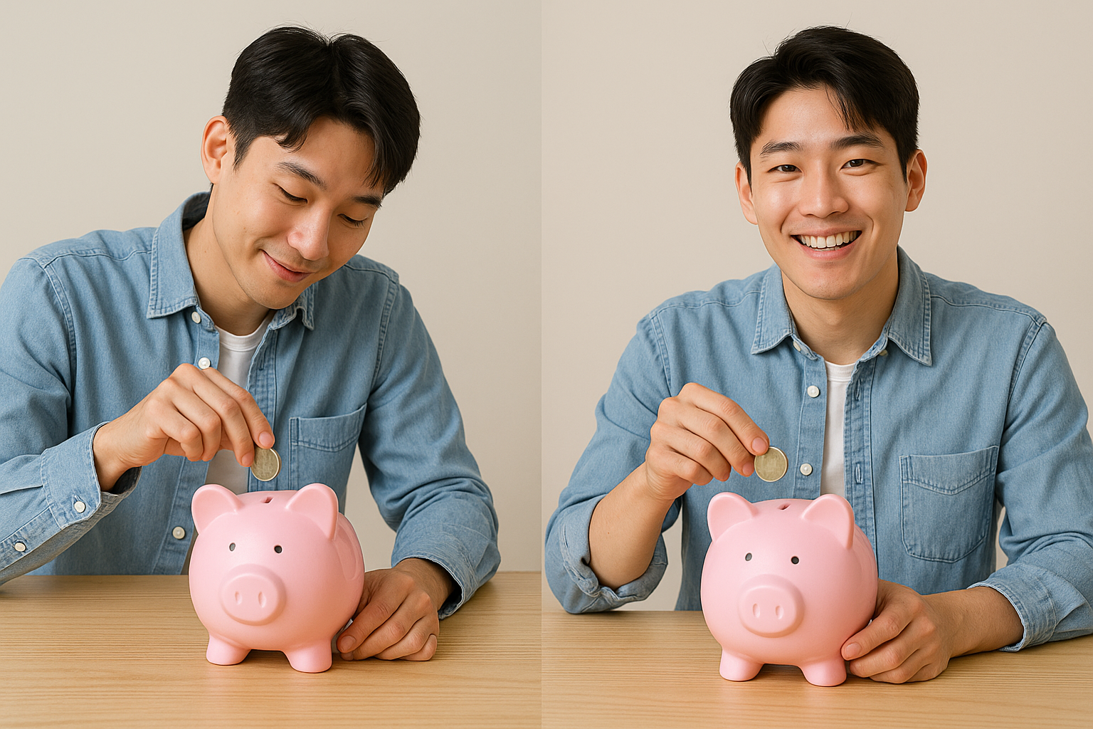 돼지 저금통에 돈 넣는 청년
