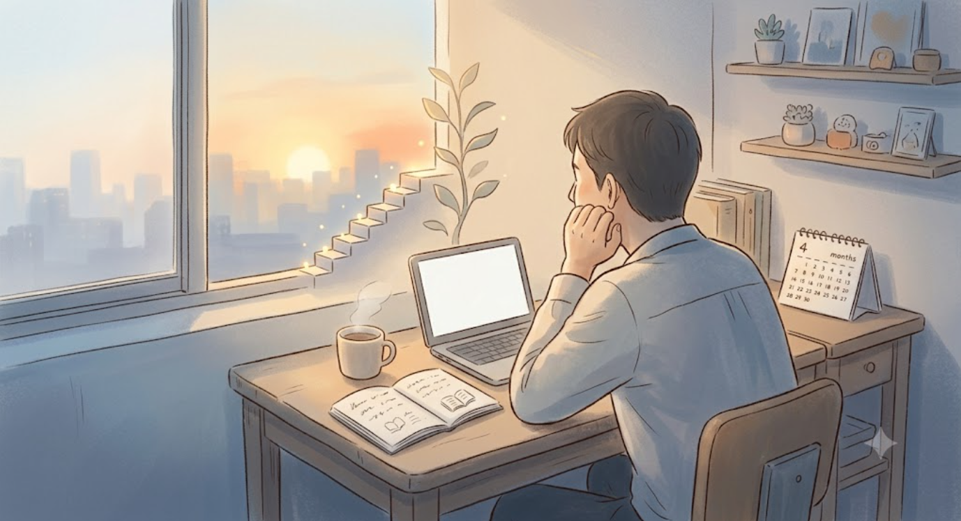 아침 일찍 책상에 앉아 창밖의 해뜨는 장면을 바라보며 오늘의 계획을 정리하는 육아휴직 4개월차 아빠의 모습