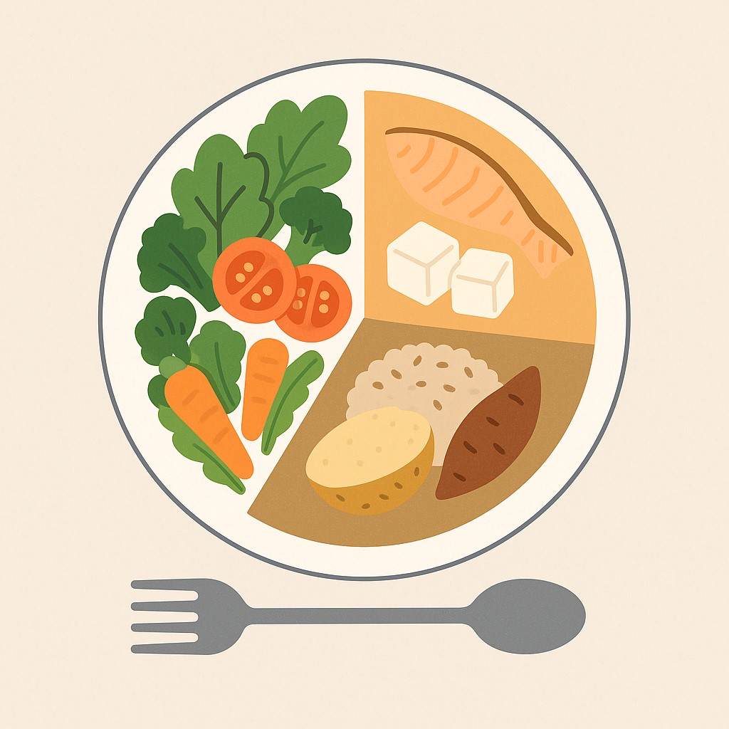 플랫 인포그래픽 스타일의 원형 접시. 절반은 채소(토마토, 당근, 잎채소), 4분의 1은 단백질(연어, 두부), 나머지 4분의 1은 잡곡과 고구마로 채워져 있으며 접시 아래에는 포크가 놓여 있는 모습