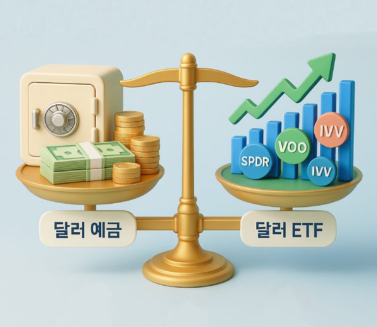 달러 예금과 ETF를 저울로 비교한 3D 이미지, 금고와 그래프가 균형을 이루며 수익률·세금·안정성을 상징