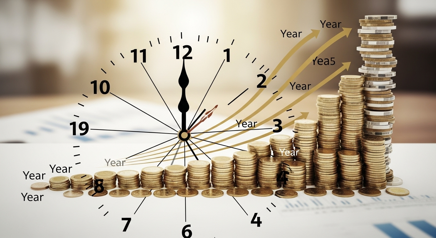 시계 모양 그래프가 돈을 기하급수적으로 늘리는 이미지: 복리 효과 극대화 전략 중 시간을 강조