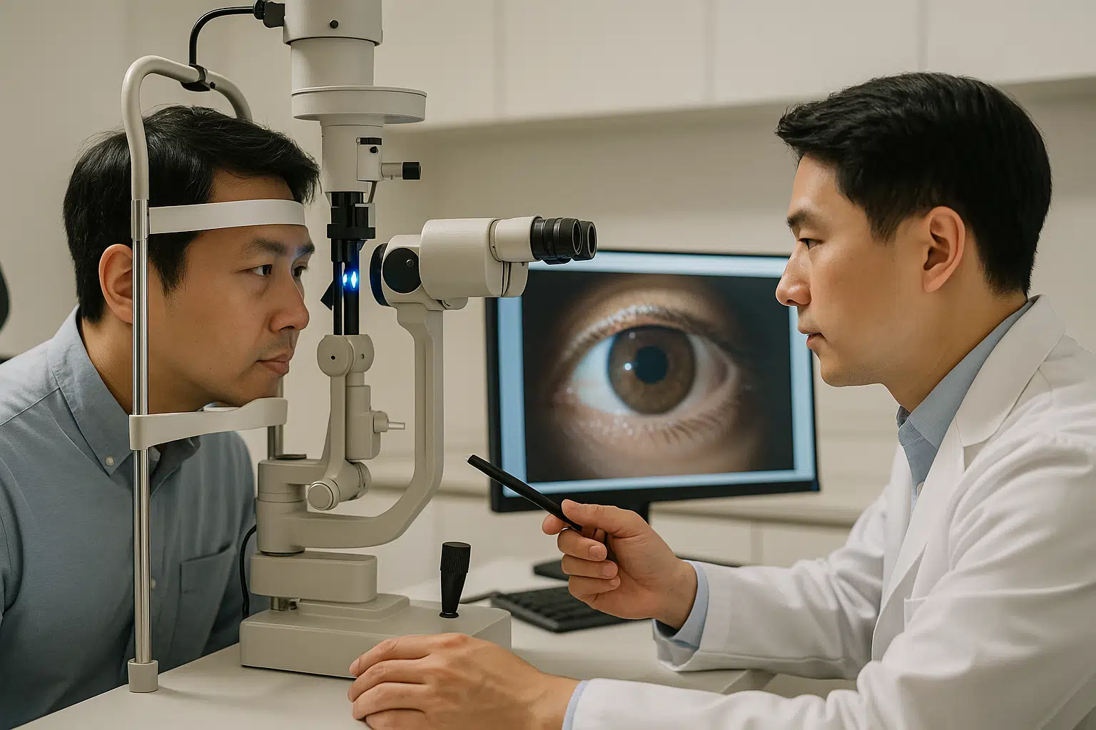 안과 진료실에서 세극등 현미경으로 눈을 검사받는 한국인 환자, 의사가 모니터를 보며 설명하는 모습
