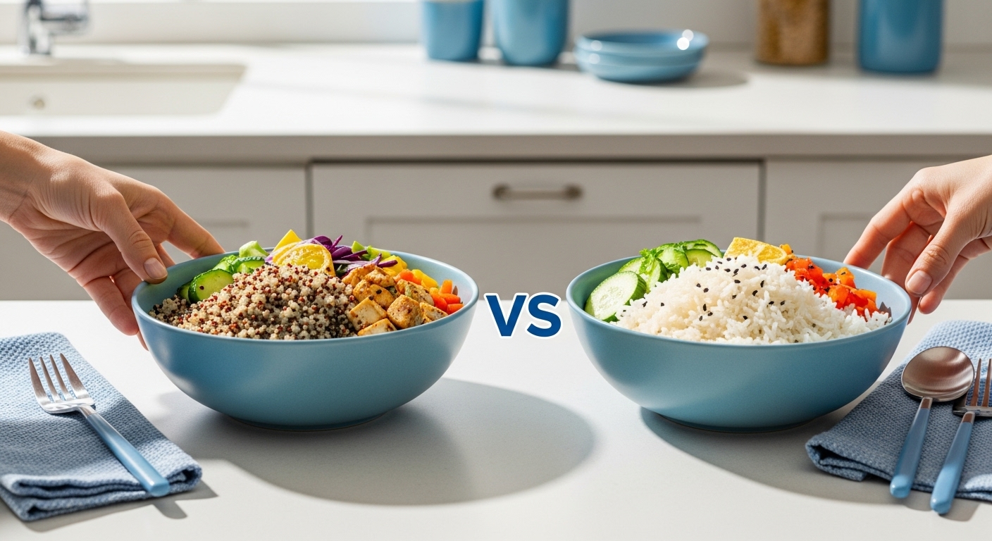 쌀밥과 퀴노아가 나란히 놓인 식탁. 건강한 퀴노아 요리에 손이 닿는 모습으로 혈당 관리에 좋은 식단을 강조함.