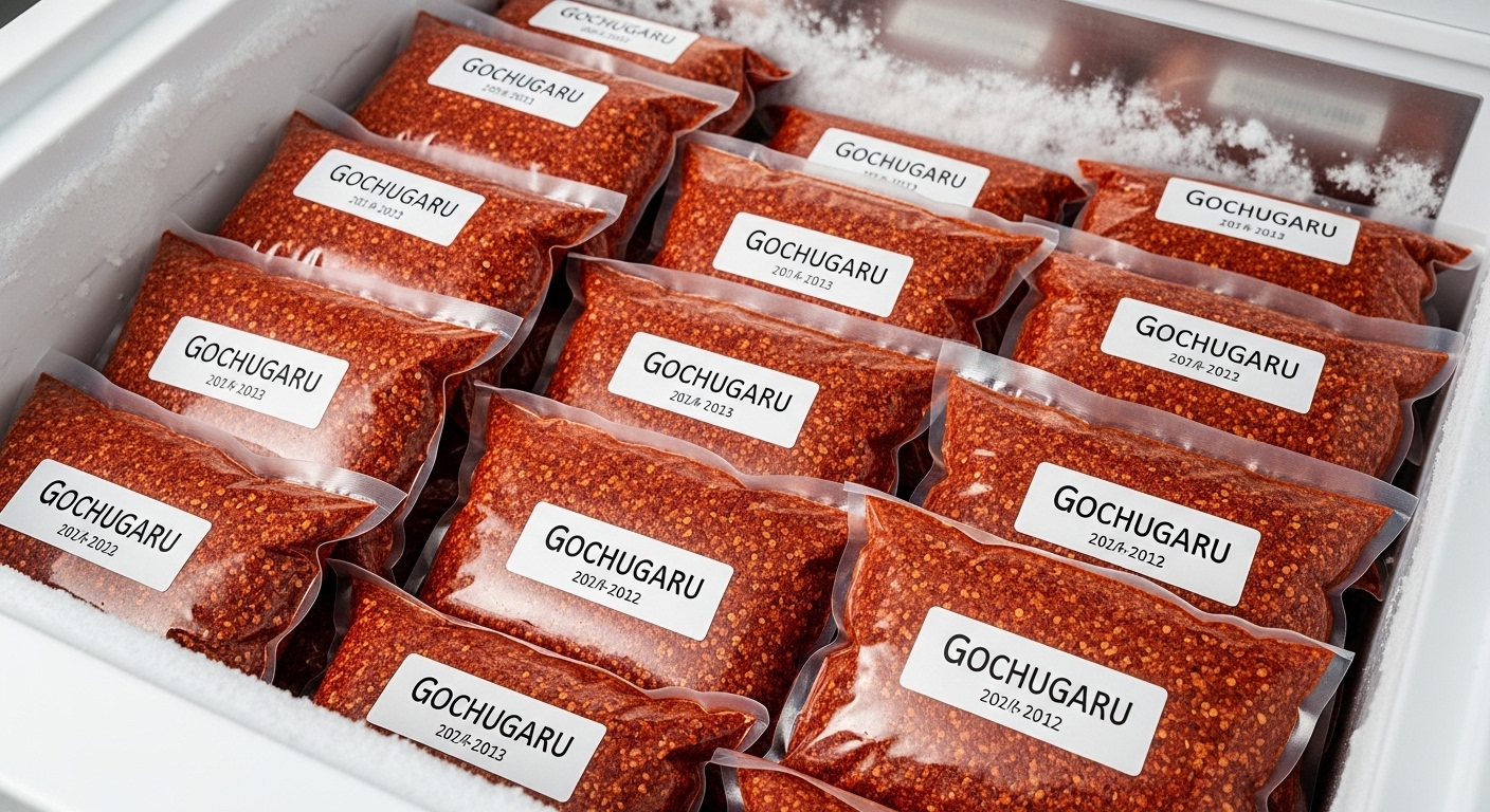 선명한 붉은색 고추가루가 진공 포장되어 냉동실 서랍에 가지런히 쌓여 있는 근접 촬영. 장기 보관에 최적화된 위생적인 모습을 보여줍니다.