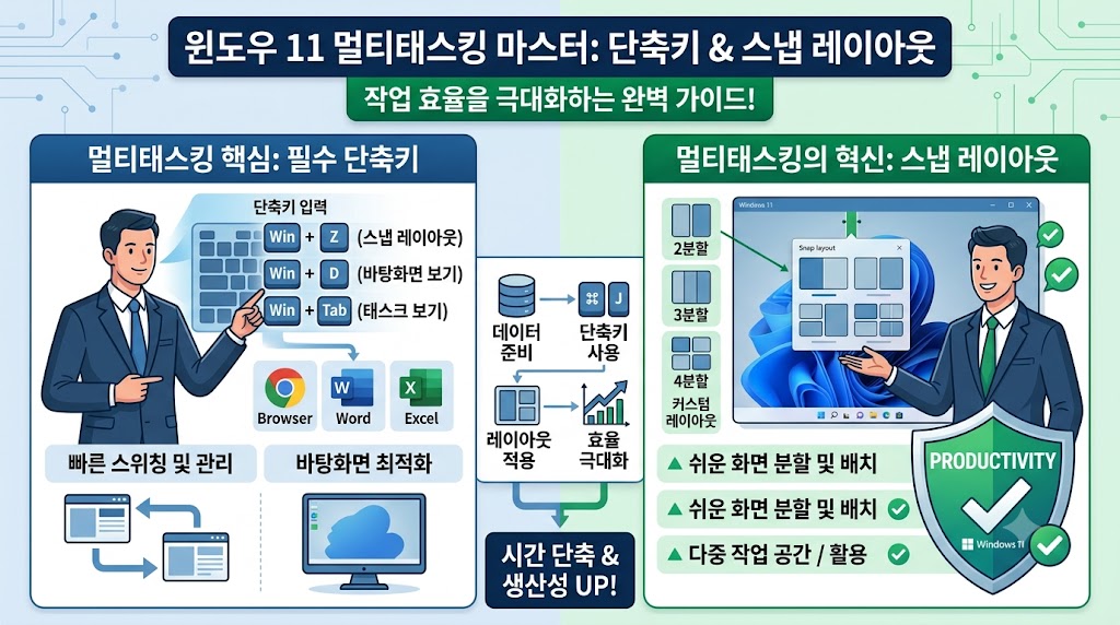 윈도우 11 단축키와 스냅 레이아웃을 활용해 컴퓨터 모니터 화면을 4분할로 정렬한 직장인 작업 환경