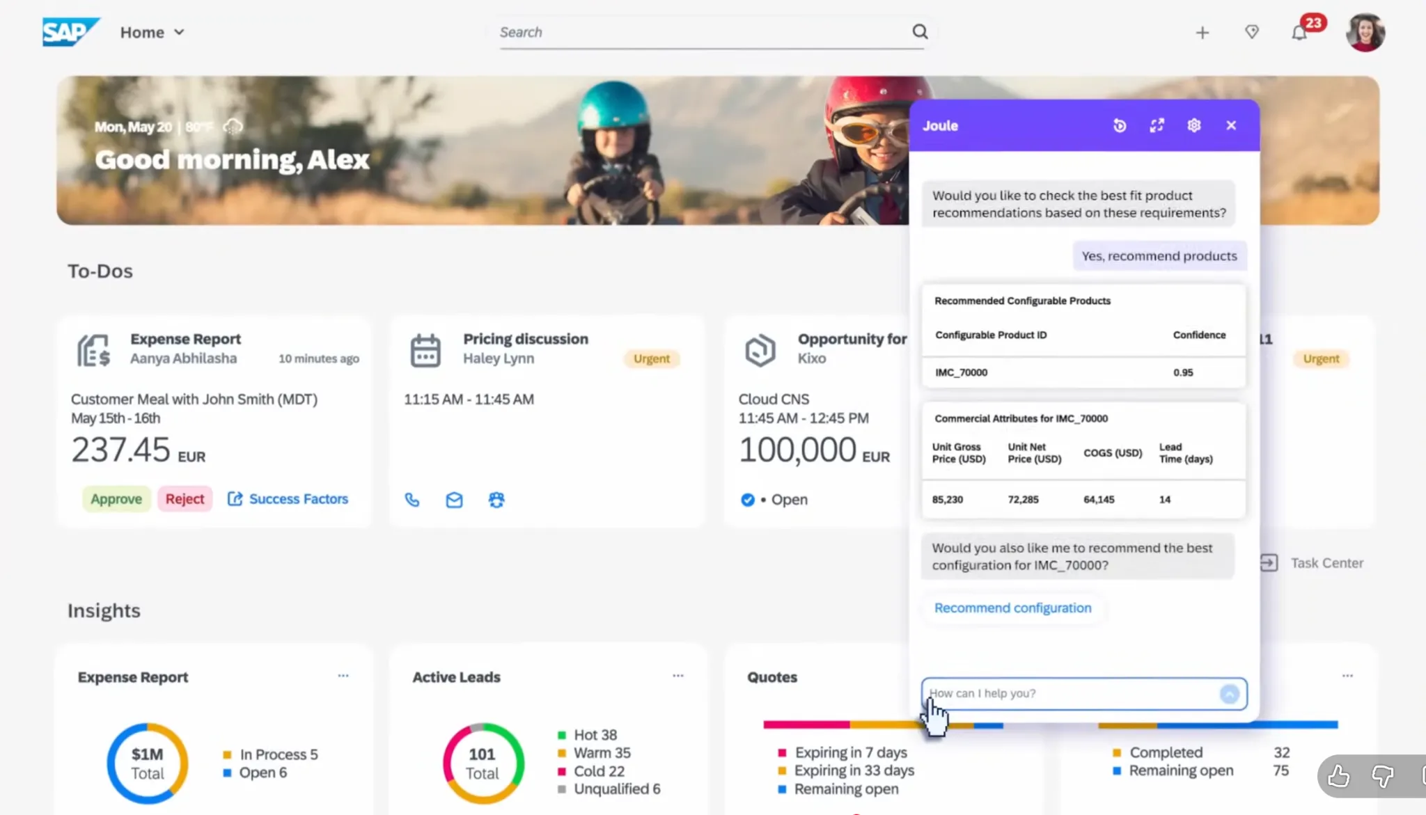 SAP ERP 대시보드에서 Joule AI 추천 엔진이 제품 구성 추천과 가격 정보를 표시하는 사용자 UI
